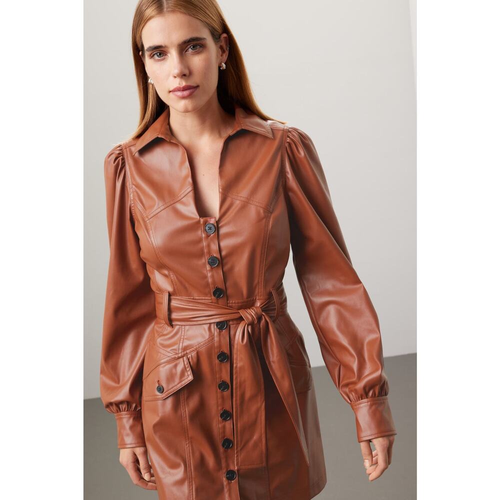 Marissa Webb Faux Leather Mini Shirtdress Brown Button Belted Long Sleeve Sz 4